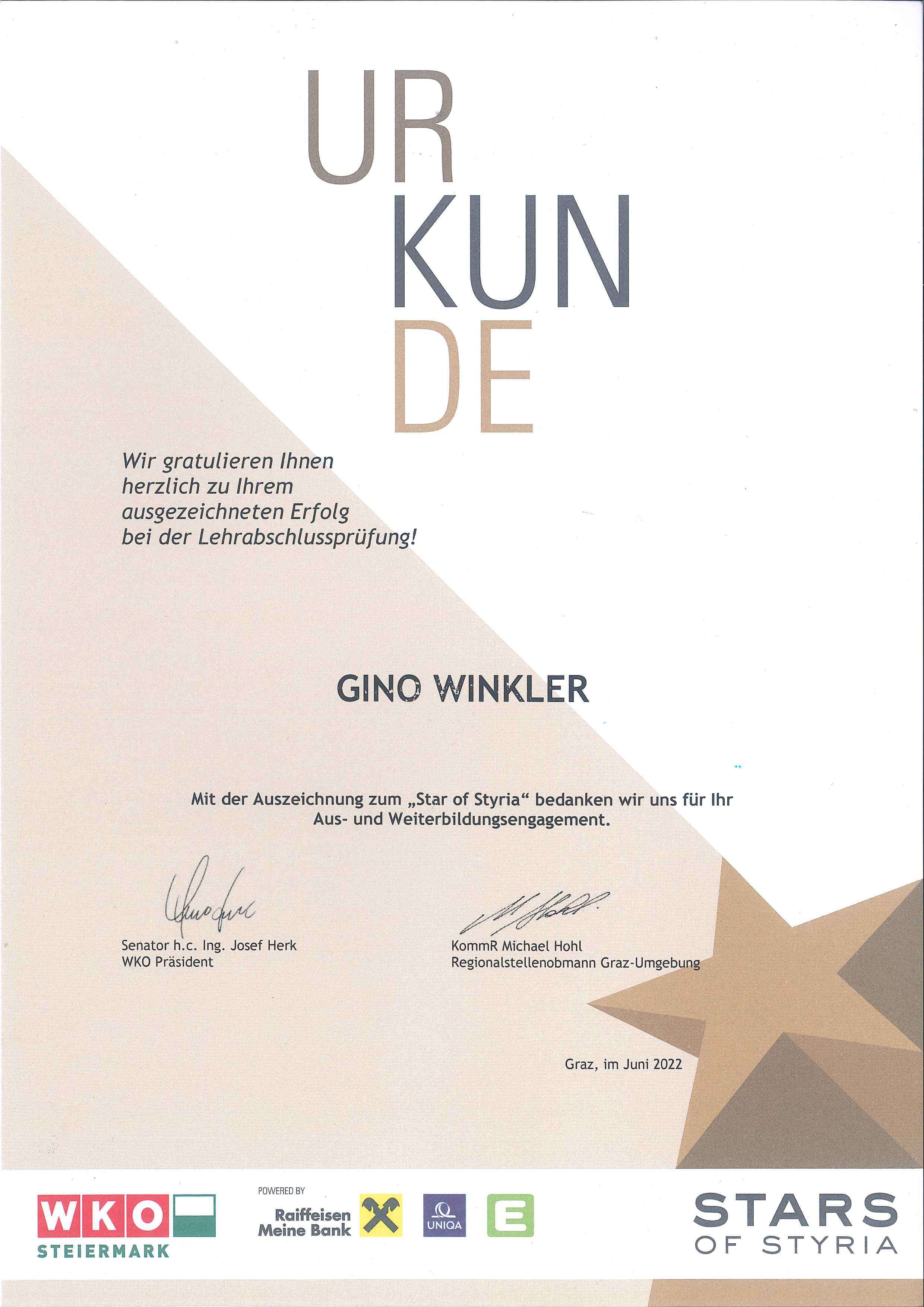 Auszeichnung Lehrabschluss Hr. Winkler